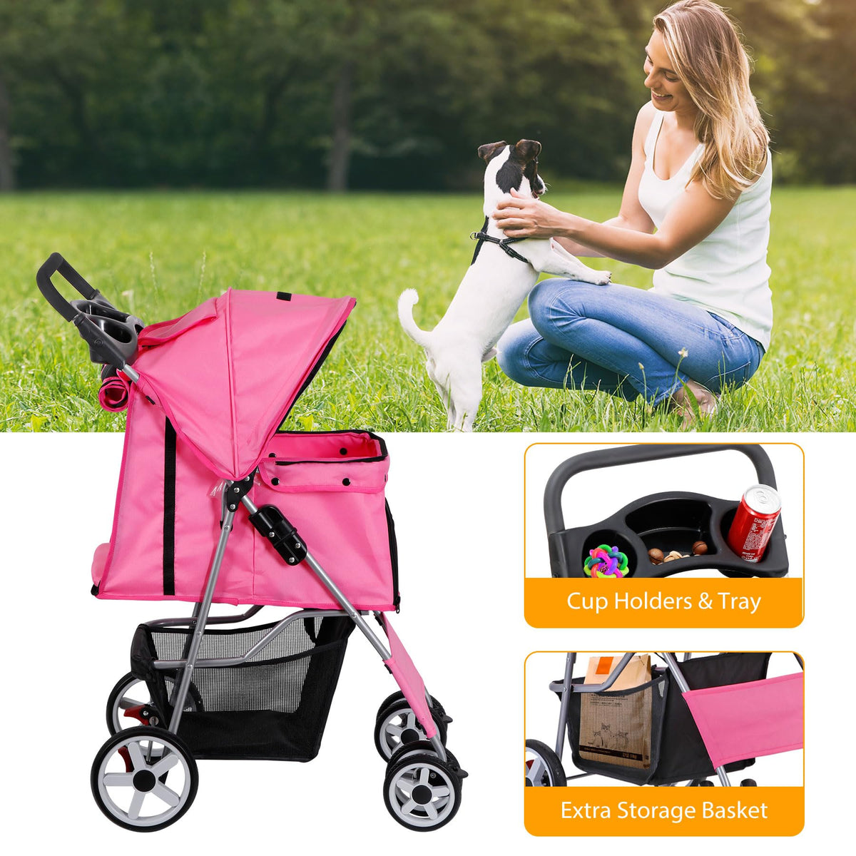 4 Wheels Folding Dog Stroller with Storage Basket, Pink Y339450