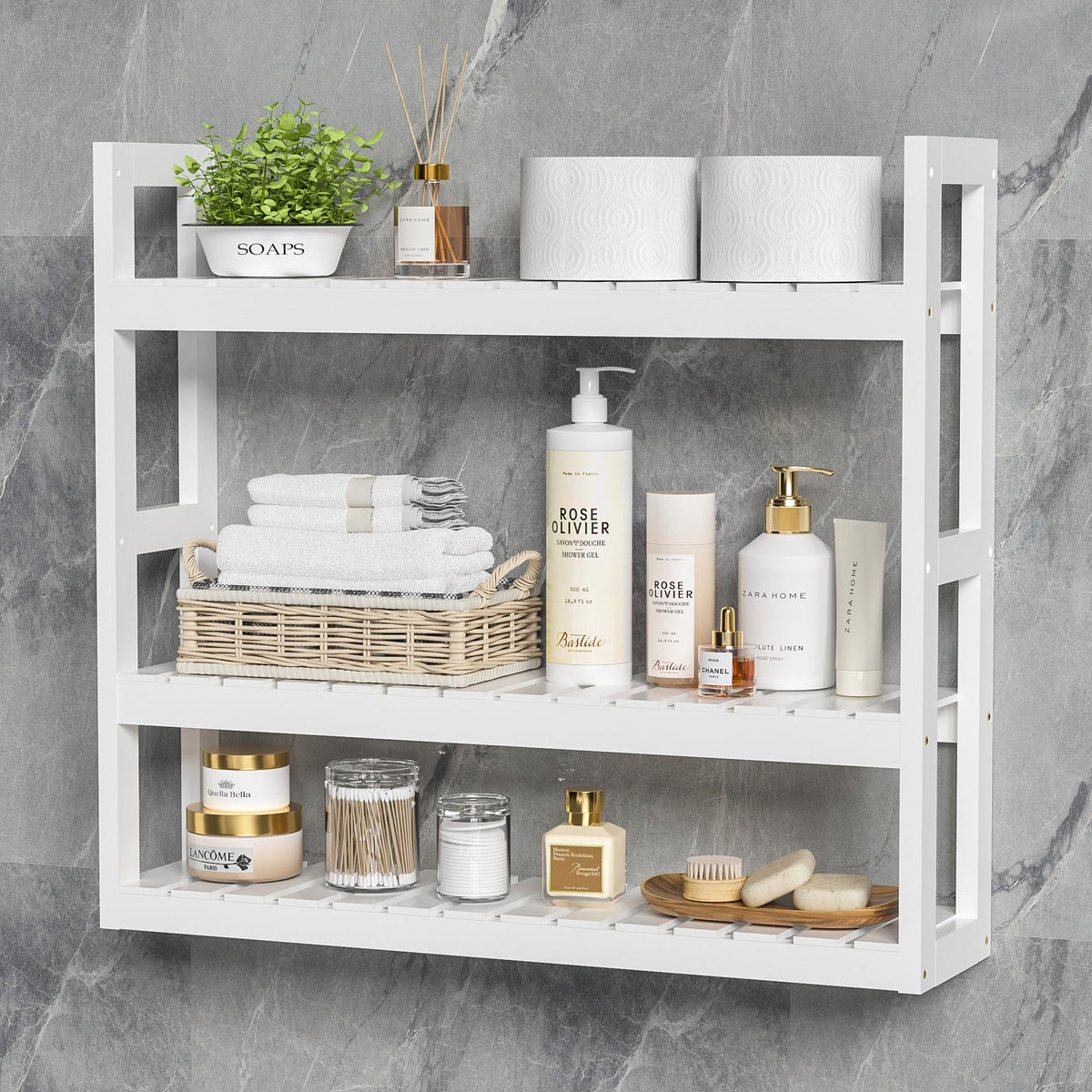 White 3 Tier Bamboo Bathroom Shelves H2843