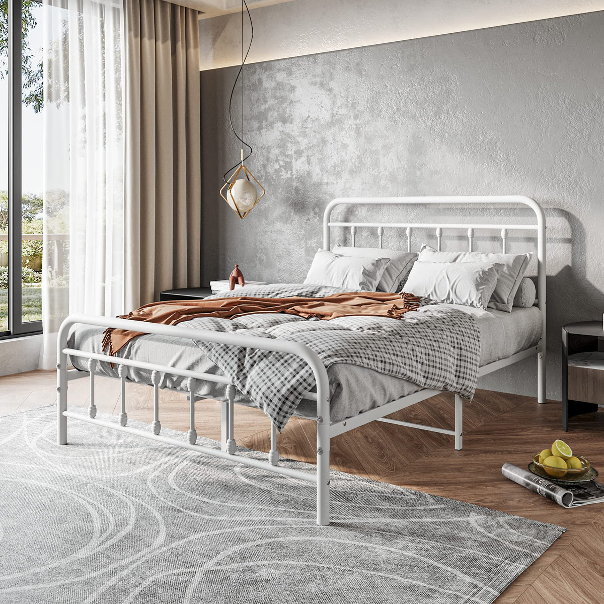 White Full Size Metal Bed Frame with Headboard and Footboard K225