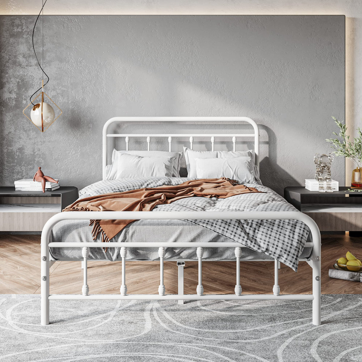 White Full Size Metal Bed Frame with Headboard and Footboard K225